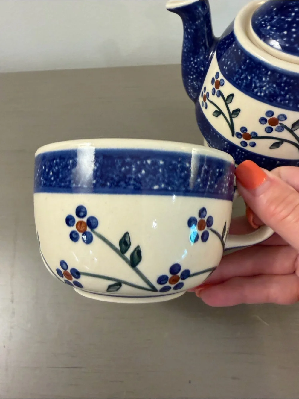 Wiza Polish Pottery Hand Made Tea For One Set Pot + Cup Stacking Blue Floral